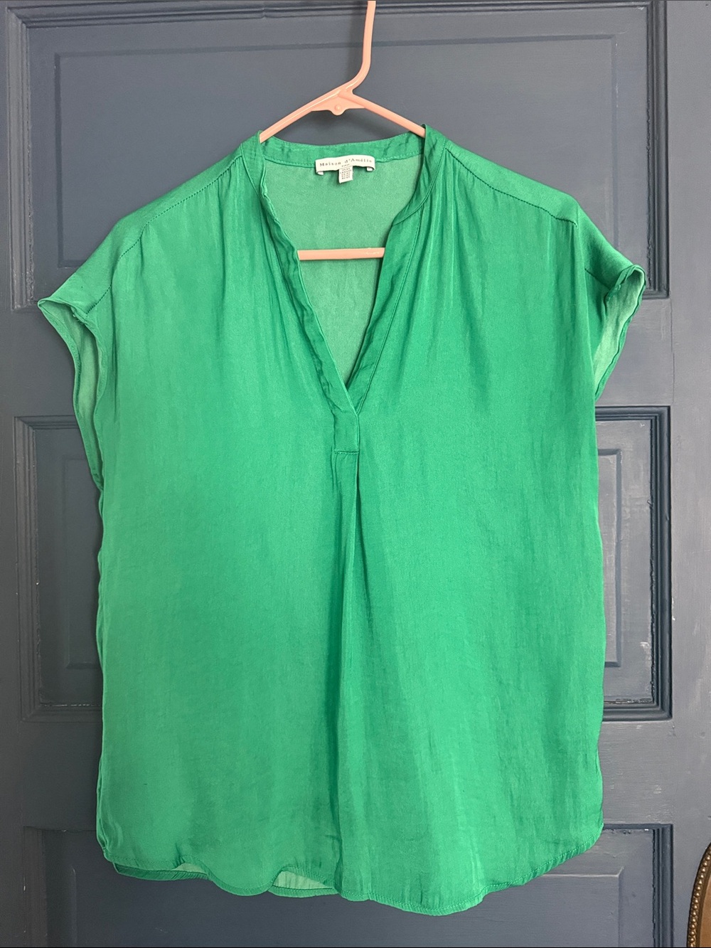 Madewell Emerald Green Split V-Neck Short Sleeve Blouse